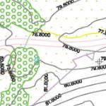 2D topographical CAD drawings of survey area in DWG and A0 PDF formats with spot heights, standard contours and 53 object layers